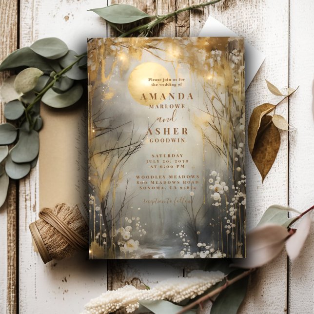 Invitation Mariage de la forêt de lune enchantée d'or (Créateur téléchargé)