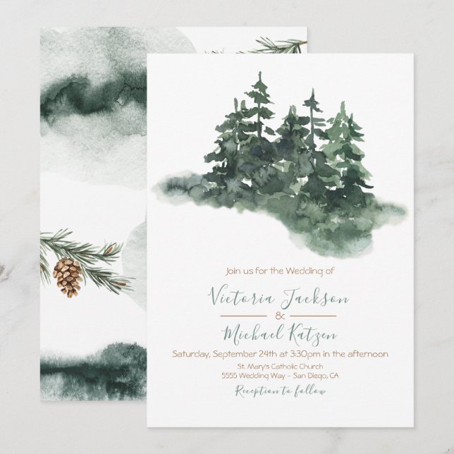 Invitation Mariage de la forêt de pins d'aquarelle de bois (Devant / Derrière)