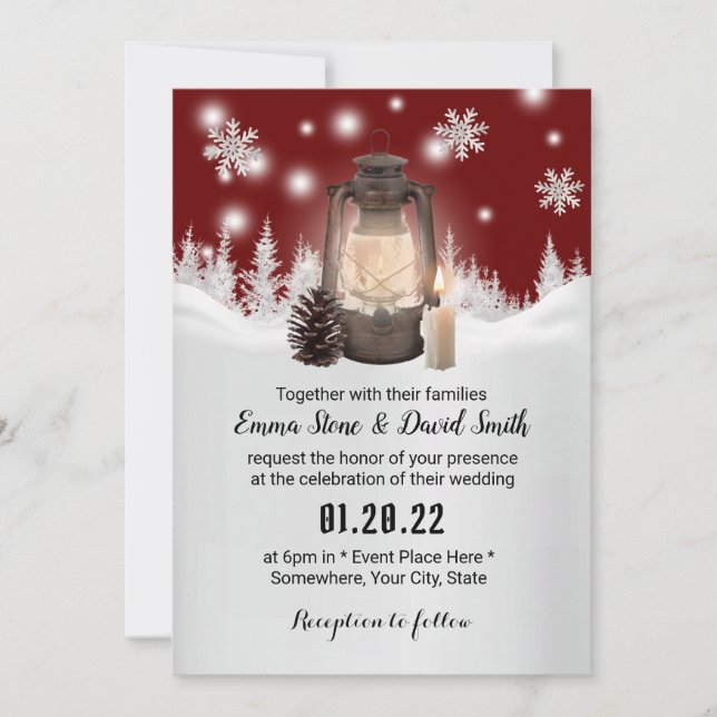 Invitation Mariage de la forêt rouge d'hiver de Snowflake et  (Devant)