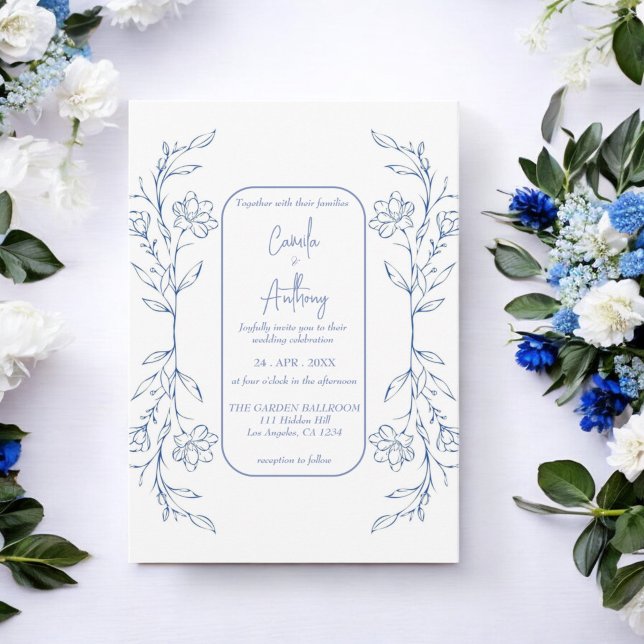 Invitation Mariage de la frontière côté Boho floral bleu (Créateur téléchargé)