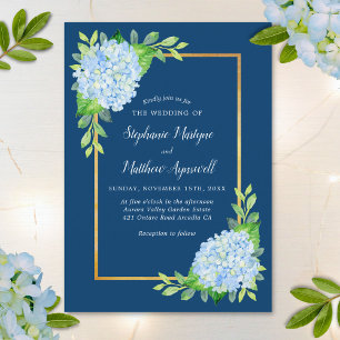 Invitation Mariage de la frontière d'or Marine Blue Hydrangea