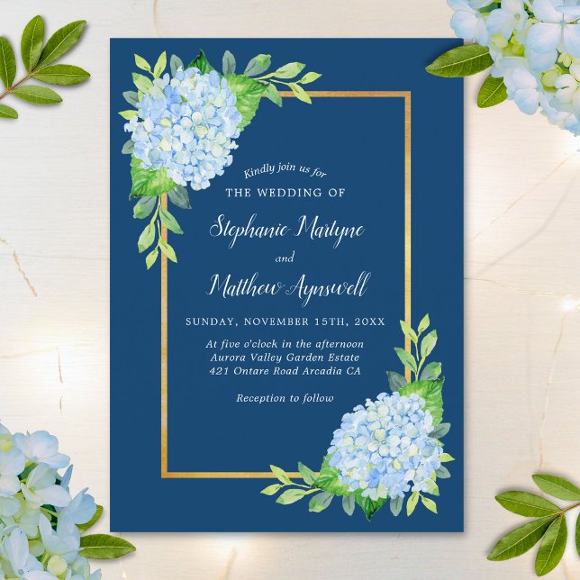Invitation Mariage de la frontière d'or Marine Blue Hydrangea (Créateur téléchargé)
