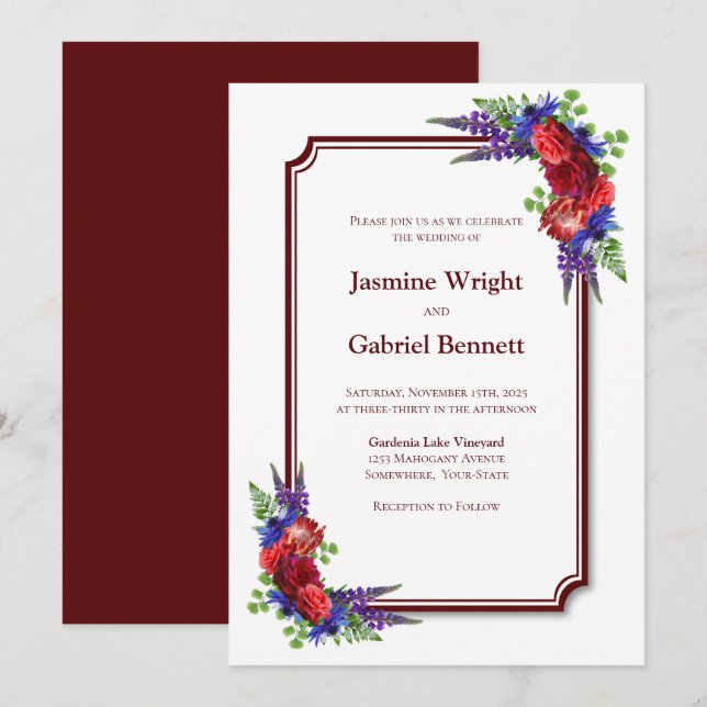 Invitation Mariage de la frontière rouge du Rose de Bourgogne (Devant / Derrière)