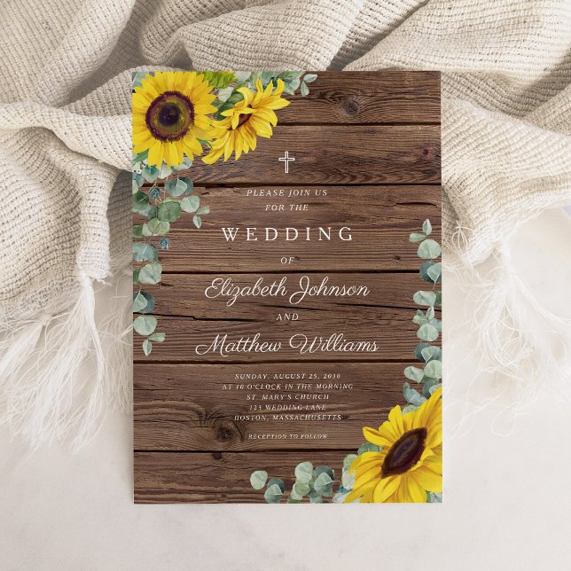 Invitation Mariage de la grange de tournesol rustique religie (Religious Rustic Sunflower Floral Barn Wedding Invitation)