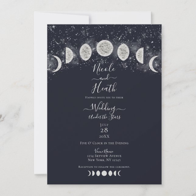 Invitation Mariage de la lune bleu foncé sous les étoiles (Devant)