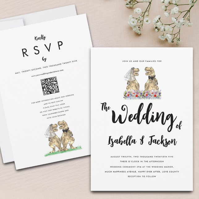 Invitation Mariage de la mariée et du Fleur sauvage de la cha (Fun T-Rex bride and groom wildflower boho dinosaur Jurassic wedding qr code invitation )
