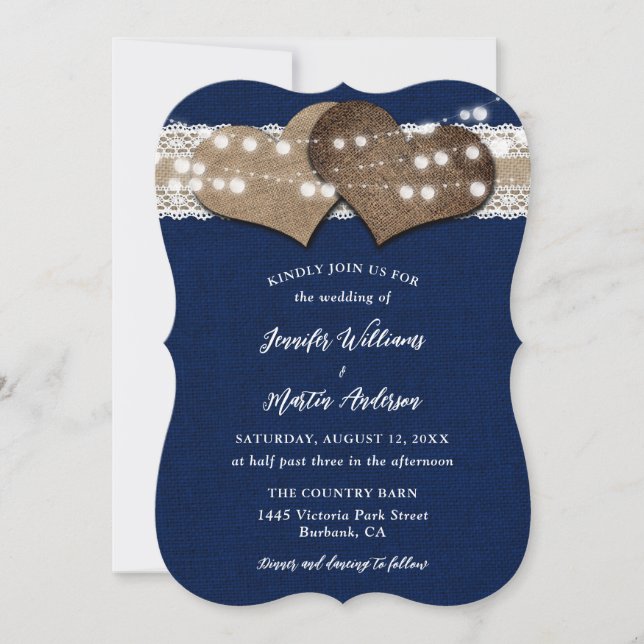 Invitation Mariage de la marine Blue Country Burlap Lace Ligh (Devant)
