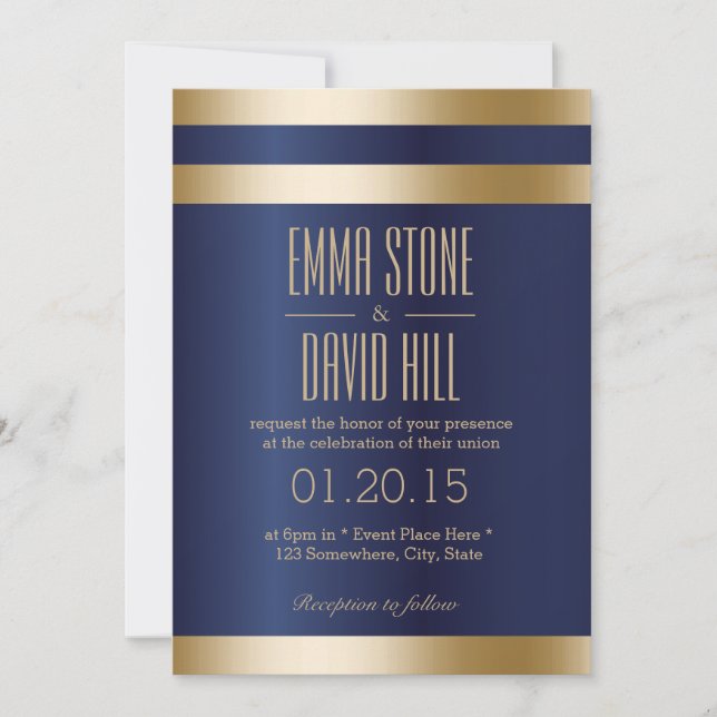 Invitation Mariage de la Marine Blue Gold Foil (Devant)