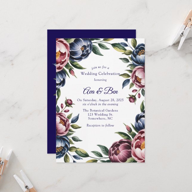 Invitation Mariage de la marine bourguignonne Blush Peony (Devant/Arrière en situation)