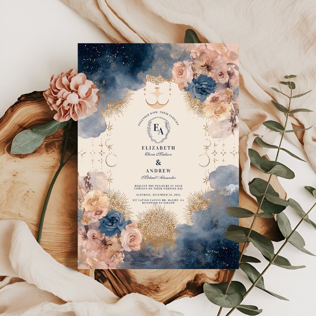 Invitation Mariage de la marine de l'or romantique céleste (Créateur téléchargé)