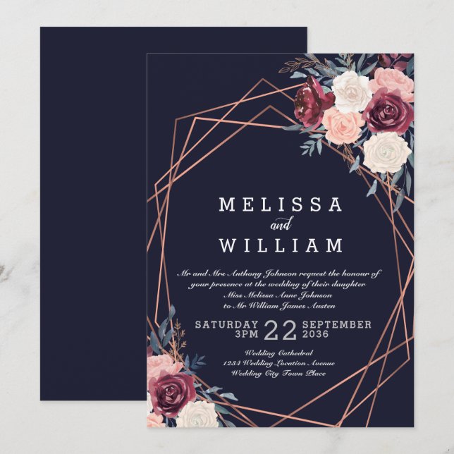 Invitation Mariage de la marine florale de Bourgogne moderne (Devant / Derrière)