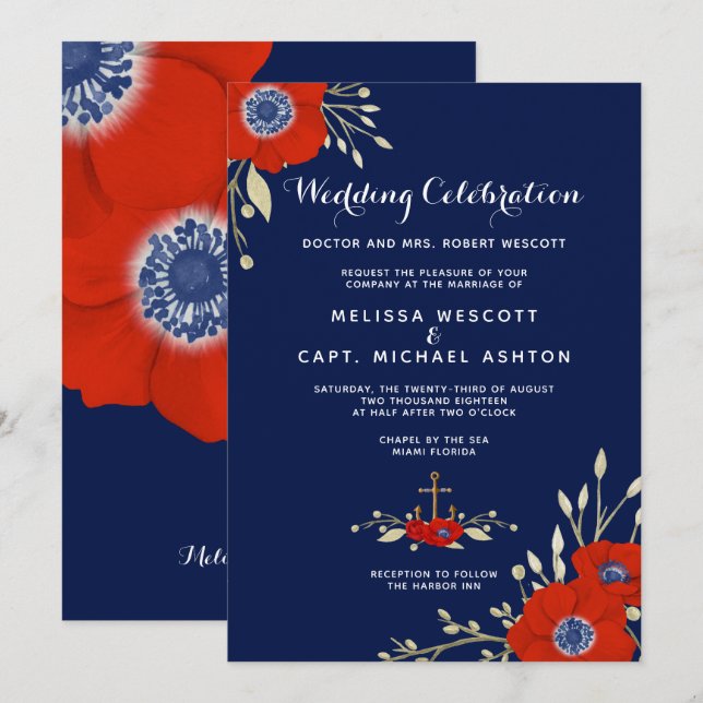 Invitation Mariage de la marine marine nationale de l'anémone (Devant / Derrière)