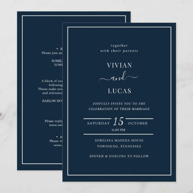 Invitation Mariage de la Marine moderne bleu officiel minimal (Devant / Derrière)
