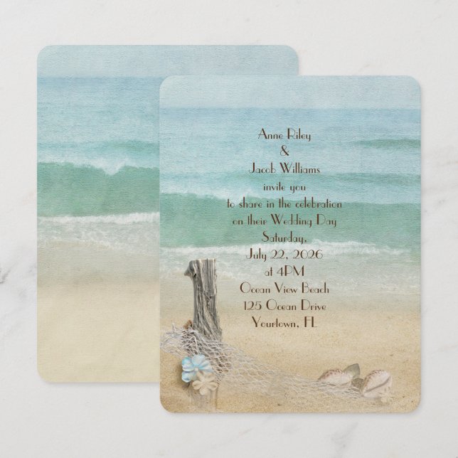 Invitation mariage de la plage de bois flotté et de filet nau (Devant / Derrière)