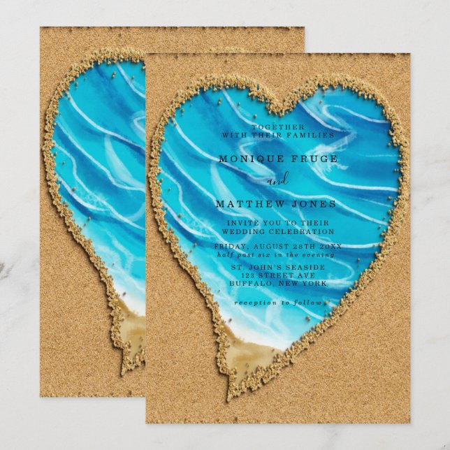Invitation Mariage de la plage et du coeur de sable (Devant / Derrière)