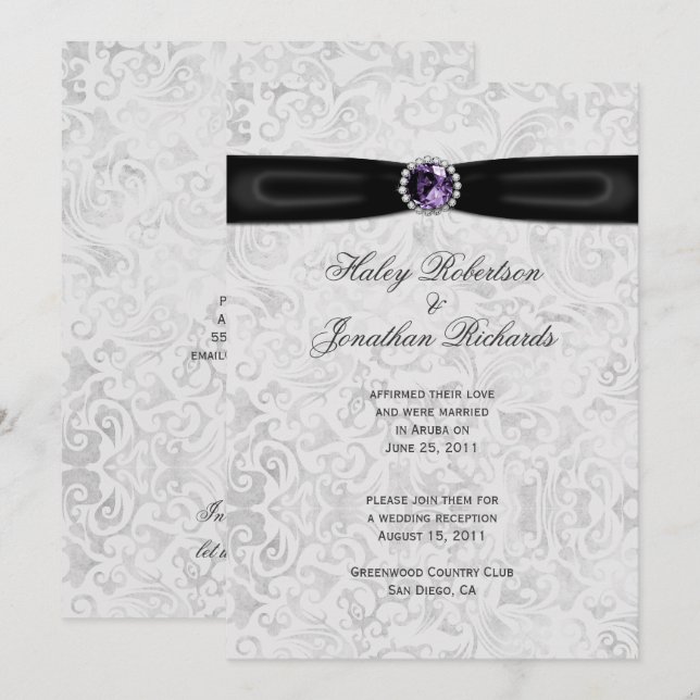 Invitation Mariage de la poste de bijoux violet en argent noi (Devant / Derrière)
