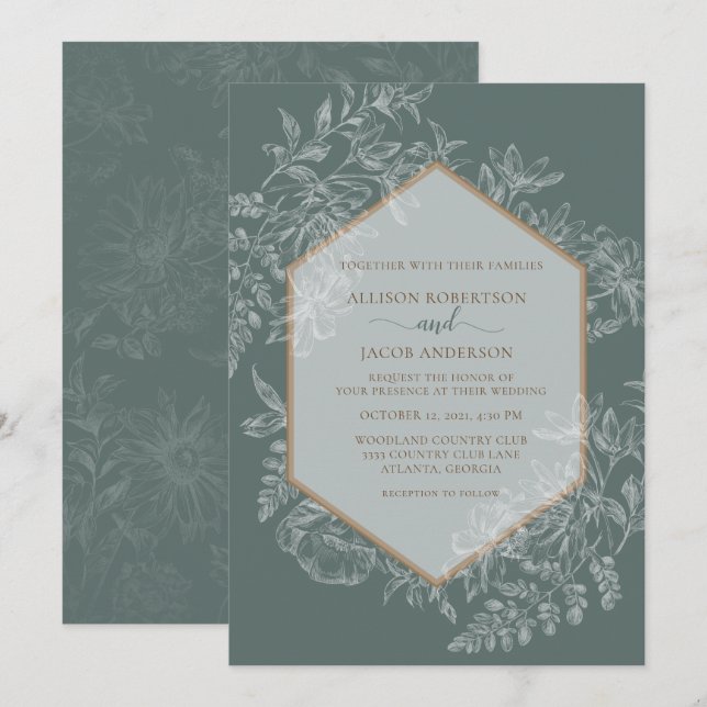 Invitation Mariage de la tapisserie géométrique verte Sage (Devant / Derrière)