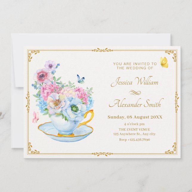 Invitation Mariage de la tasse de thé papillon de fleurs (Devant)