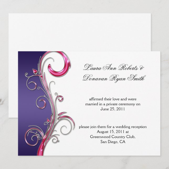 Invitation Mariage de la tige ornée d'argent violet et rose (Devant / Derrière)