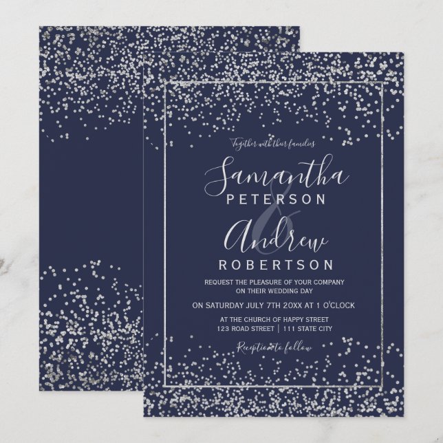 Invitation mariage de la typographie du confetti bleu marine  (Devant / Derrière)