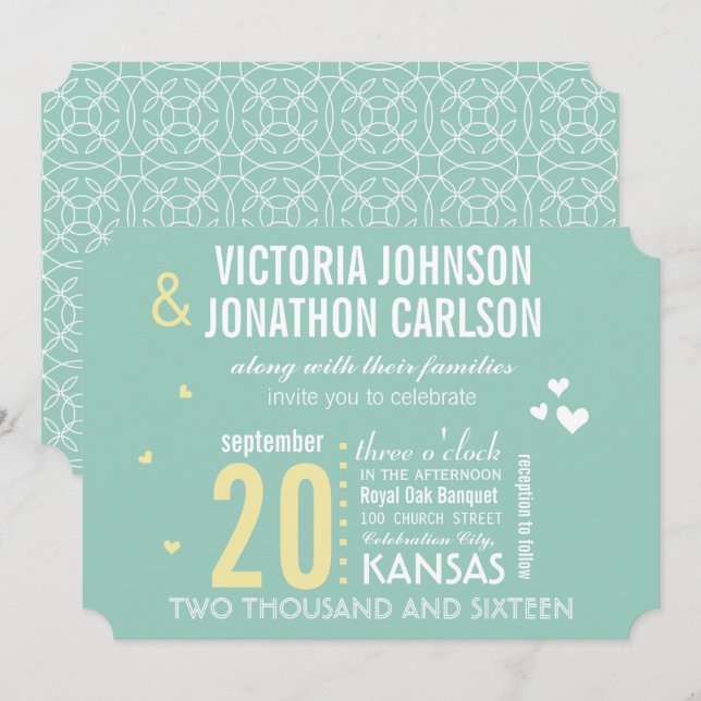 Invitation Mariage de la typographie moderne de la menthe et  (Devant / Derrière)