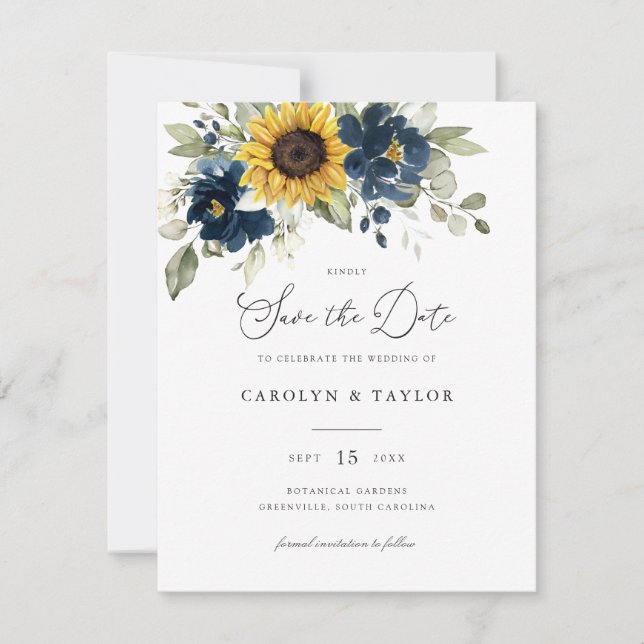 Invitation Mariage de la végétation florale bleu de la marine (Devant)