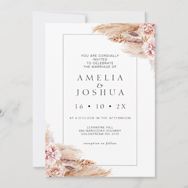 Invitation Mariage de laiton moderne Boho Blush Floral Pampas (Devant)