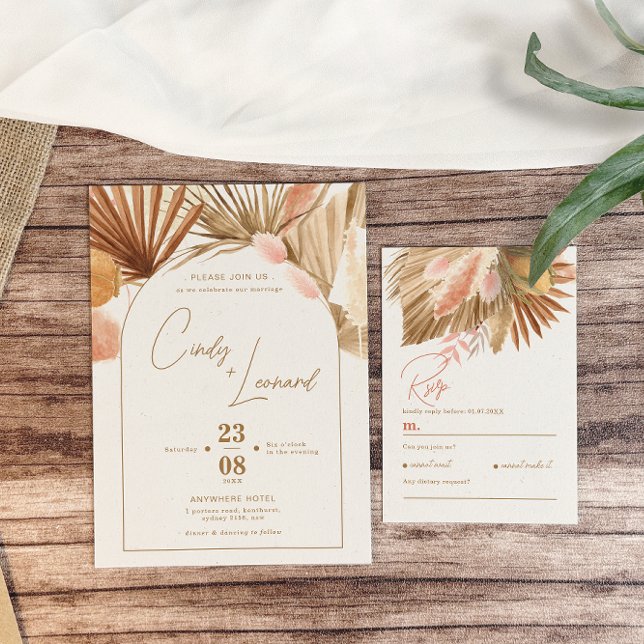 Invitation Mariage de laiton Rustique Boho Pampas (Créateur téléchargé)