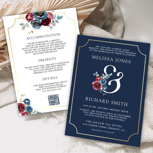 Invitation Mariage de l'amphithéâtre floral bleu marine et bo (Créateur téléchargé)