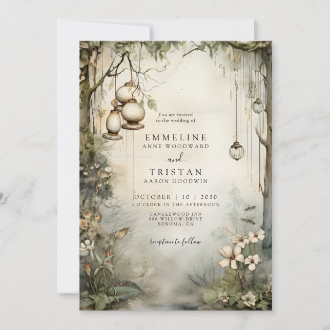Invitation Mariage de lanternes à pendage de forêt enchantées (Devant)