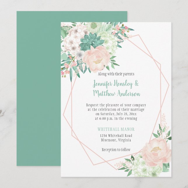 Invitation Mariage de l'aquarelle moderne Mint and Blush| (Devant / Derrière)
