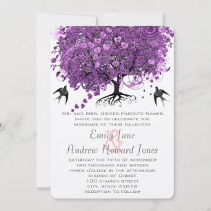 Invitation Mariage de l'arbre à feuilles en forme de cœur vio