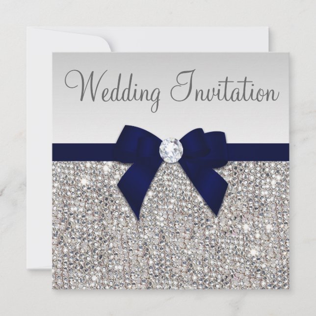 Invitation Mariage de l'Argent de Faux Diamonds Dark Navy Bow (Devant)