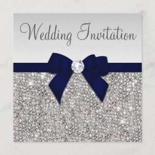 Invitation Mariage de l'Argent de Faux Diamonds Dark Navy Bow