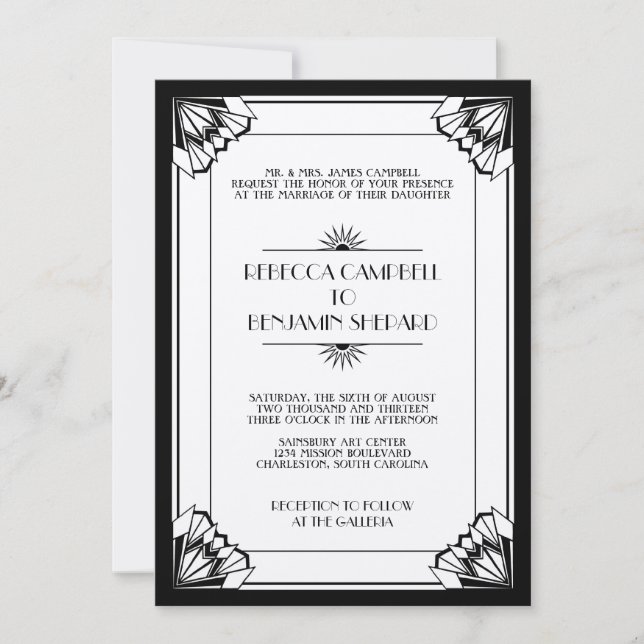 Invitation mariage de l'art déco géométrique noir de l'ère ja (Devant)