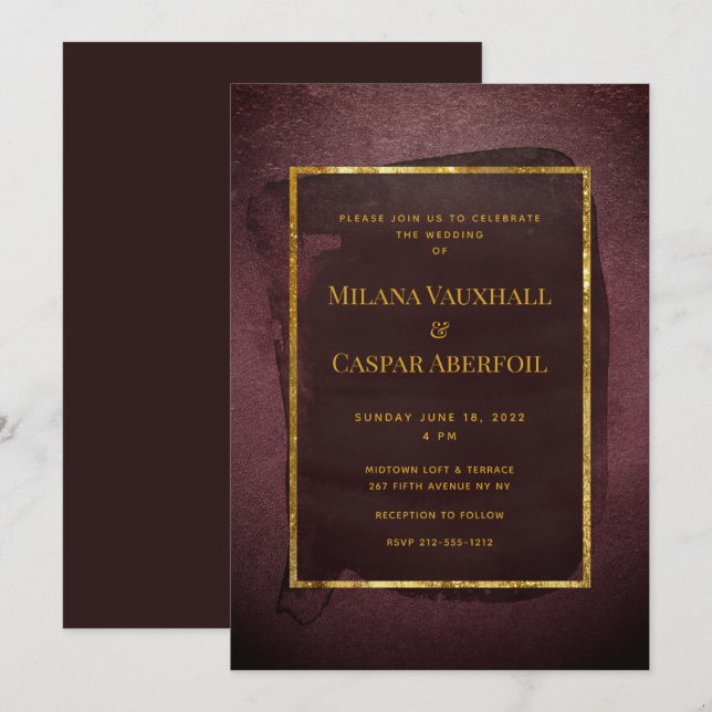 Invitation Mariage de lavage à l'aquarelle Bourgogne et cadre (Devant / Derrière)