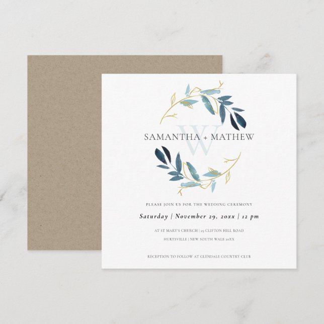 INVITATION MARIAGE DE LAVAGE DE COULEUR D'EAU EN FOLIAGE BLEU (Devant / Derrière)