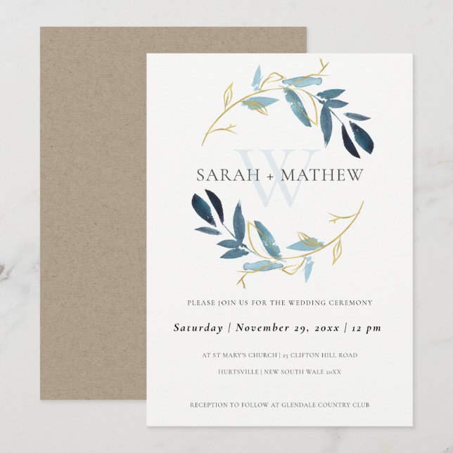 INVITATION MARIAGE DE LAVAGE DE COULEUR D'EAU EN FOLIAGE BLEU (Devant / Derrière)
