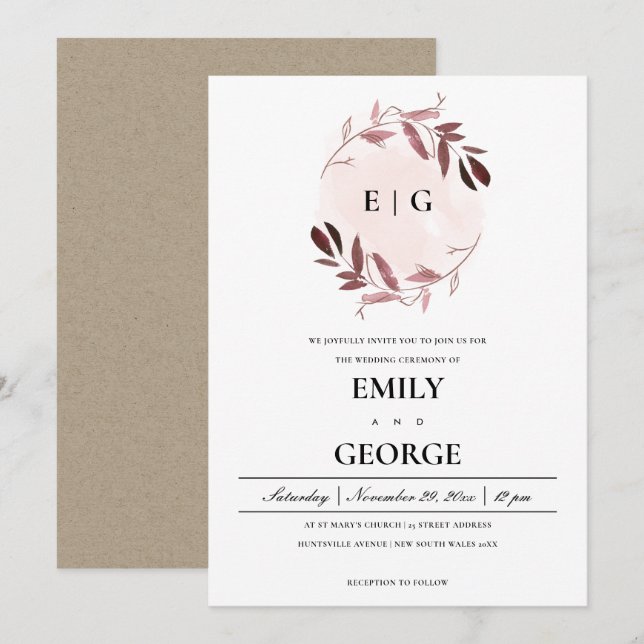 Invitation Mariage DE LAVAGE DE COULEUR D'EAU ROSE PURPLE FOL (Devant / Derrière)