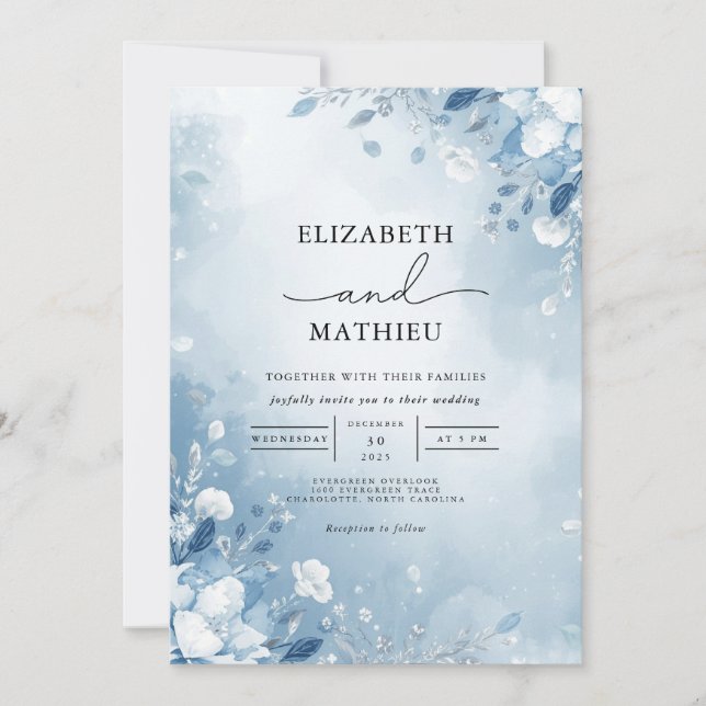 Invitation Mariage de lavage Floral bleu givré (Devant)
