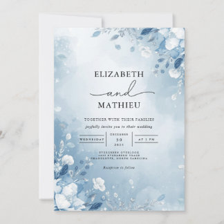 Invitation Mariage de lavage Floral bleu givré