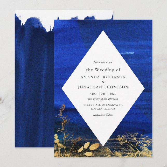 Invitation Mariage de lavage marine bleu et blanc (Devant / Derrière)