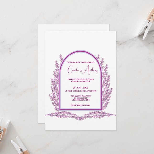 Invitation Mariage de lavande violet floral Boho (Devant/Arrière en situation)