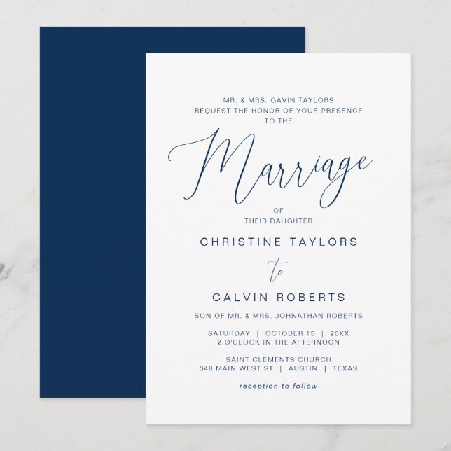 Invitation Mariage de l'église, deux parents d'accueil, bleu  (Devant / Derrière)