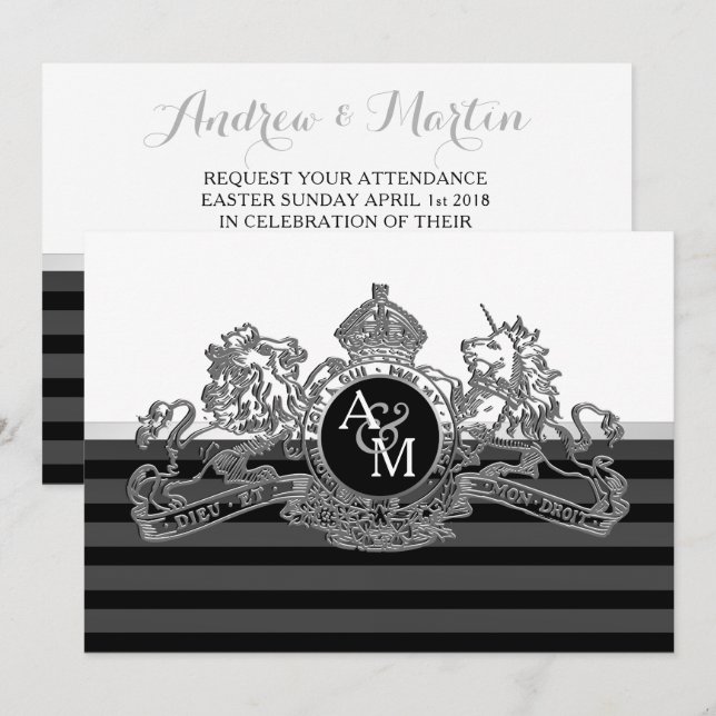 Invitation Mariage de l'emblème de Lion blanc d'argent noir (Devant / Derrière)