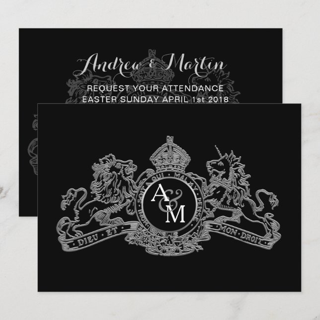 Invitation Mariage de l'emblème du lion d'argent noir Unicorn (Devant / Derrière)