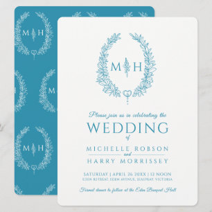 Invitation Mariage de ligne ovale feuille aqua turquoise et b