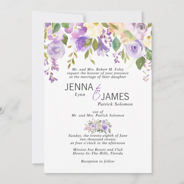 Invitation Mariage de Lilac pourpre de lavande florale d'aqua (Devant)