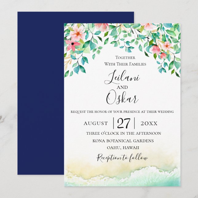 Invitation Mariage de l'île de corail botanique (Devant / Derrière)