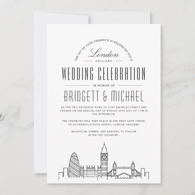 Invitation Mariage de Londres | Ligne Skyline Déco Moderne (Devant)